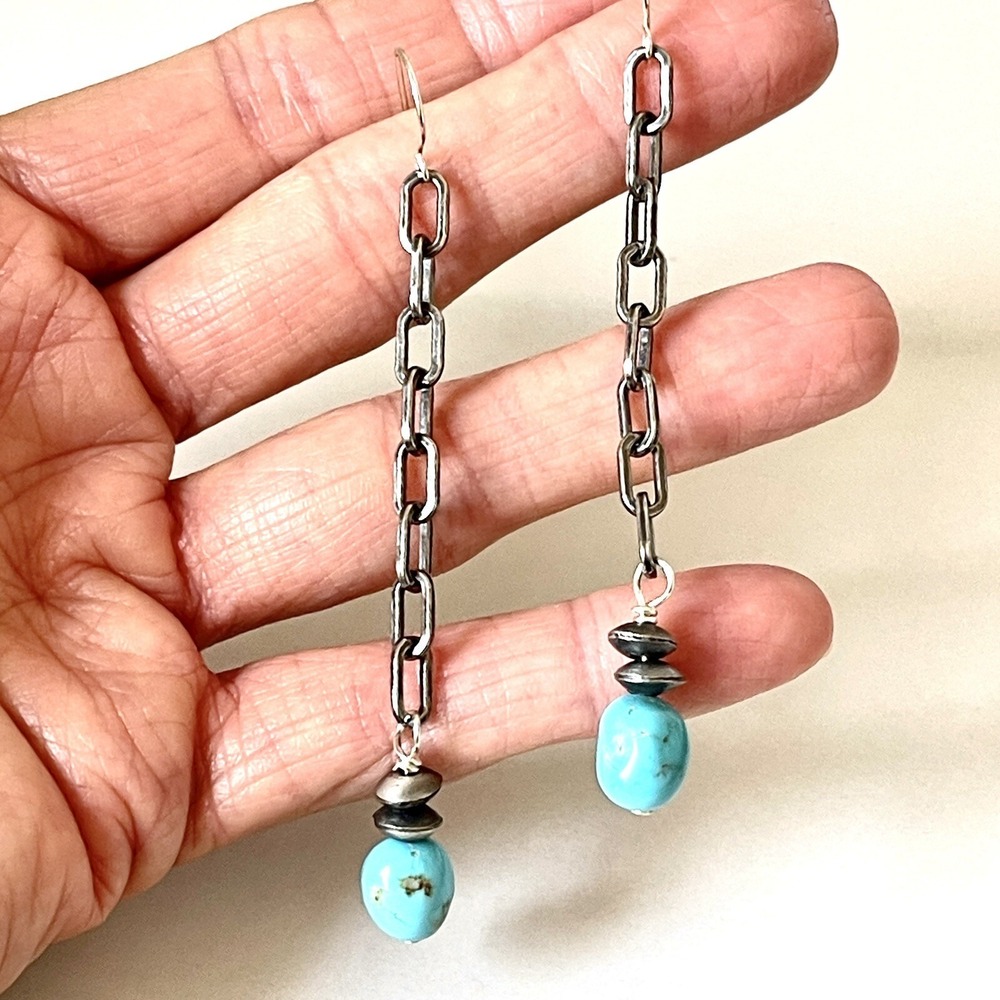 Long Navajo Turquoise Earrings 3.25in Sterling 925 Dangle Navajo Matte Chain - Picture 1 of 9